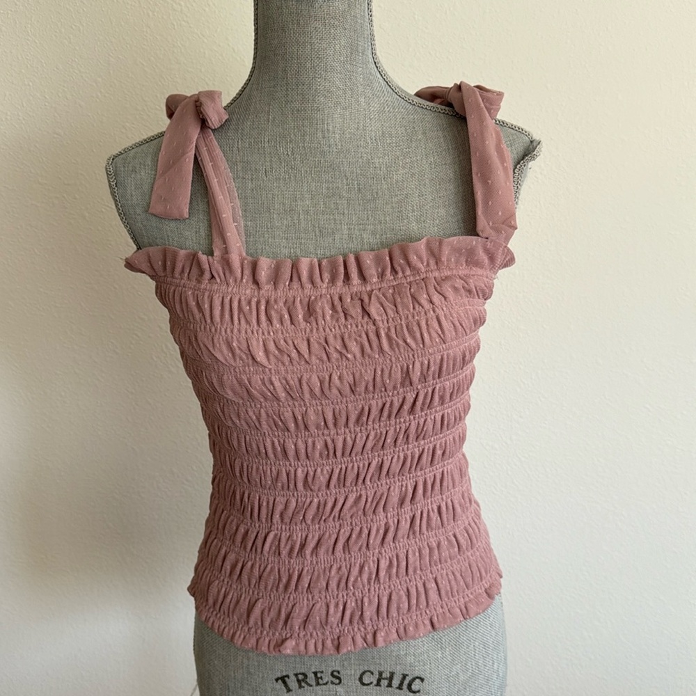 Anthropology tulle mesh smocked dot top
